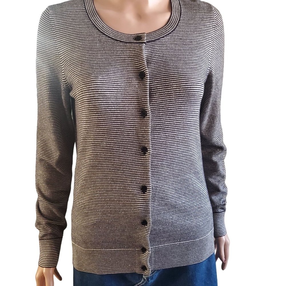 Talbots Striped Navy & Gray Metallic Button Cardigan Sweater Holiday Sz S